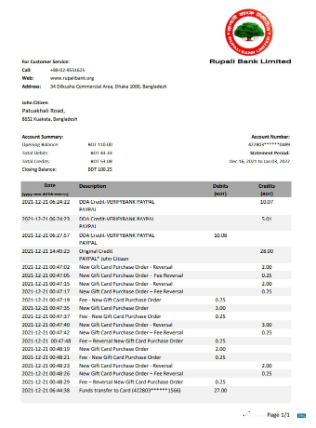 Download Bangladesh Rupalii bank statement excel Photoshop template